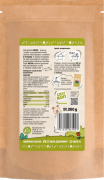 Tył opakowania kaszki Czary Mamy BIO 5 zbóż, naturalna, bez dodatku cukru, z zielonymi etykietami.