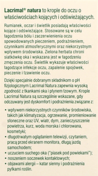 Ulotka Lacrimal Natura, krople do oczu kojące i odświeżające, tekst o zastosowaniu i składnikach.