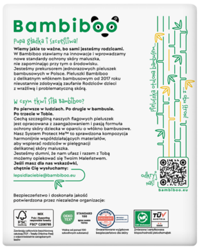 Bambiboo pieluchomajtki bambusowe, ulotka z opisem produktu i certyfikatami: Oeko-Tex, FSC, TÜV, Allergy.