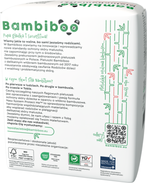 Tył białego opakowania pieluchomajtek Bambiboo z bambusem, zielono-różowe liście, polski tekst i certyfikaty.
