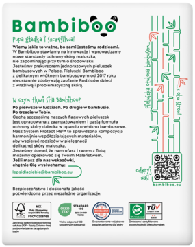Tył opakowania pieluchomajtek Bambiboo z włóknem bambusowym, tekst, certyfikaty i wzór zielonego bambusa.
