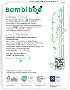 Tylna strona białego opakowania pieluch Bambiboo z bambusa, tekst, certyfikaty OEKO-TEX, Dermatest, TÜV, QR kod.