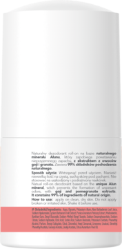 Tył białego dezodorantu beBIO roll-on z Ałunem, goji i granatem, widoczny skład na różowym tle.