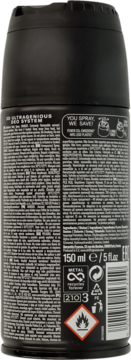Tył czarnego dezodorantu Red Code 150ml, ze składem, instrukcjami i symbolami ostrzegawczymi.