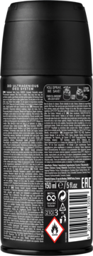 Czarny dezodorant AXE Red Code, tył opakowania 150ml z informacjami o produkcie, kodem kreskowym i symbolem zagrożenia.