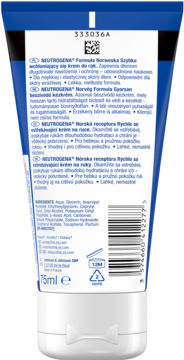 Tylna strona białej tubki kremu do rąk Neutrogena Formuła Norweska 75ml, z listą składników.