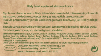 Tył opakowania mydła micelarnego Biały Jeleń, widoczne składniki i opis produktu na beżowym tle.