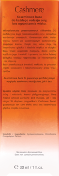 Tylna strona pomarańczowego opakowania bazy Cashmere, z polskim opisem matującego działania i pojemności 30ml.