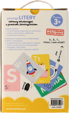 Tył opakowania Czuczu Poznaję Litery, gry edukacyjnej dla 3+, z opisem, widocznymi kartami i pisakiem.