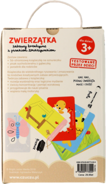 Tył opakowania kreatywnego zestawu dla dzieci Czuczu Zwierzątka z pisakiem zmazywakiem, widoczne karty i opis.