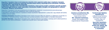 Baner informacyjny Bepanthen Sensiderm Krem: niebieskie tło, białe teksty i fioletowe ikony z opisami działania.