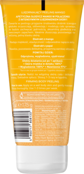 Żółta tubka Lirene Ujędrniający Peeling Mango, widok tył. Widoczne informacje: 175g, instrukcje, kod kreskowy.