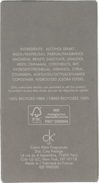 Tył opakowania cytrusowej wody toaletowej Calvin Klein, z listą składników i danymi producenta.
