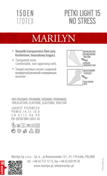 Białe opakowanie skarpet Marilyn Petki Light 15 DEN No Stress, z czerwonym paskiem i opisem komfortowego ściągacza.