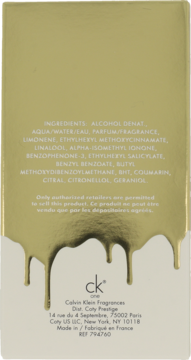 Tył złotego opakowania Calvin Klein CK One Gold EDT, z metalicznym wzorem kapiącego złota i listą składników.