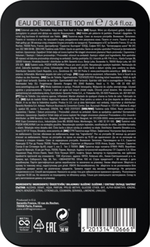 Tył czarnej, prostokątnej butelki STR8 Rise Eau de Toilette 100 ml z etykietą, tekstem i kodem kreskowym.