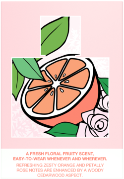 Stylizowana grafika zapachu MEXX Whenever Wherever: pomarańcza, róże i liście na różowym tle.