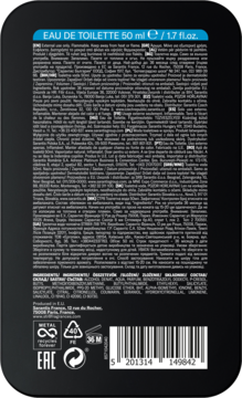 Tył czarnego opakowania męskiej wody toaletowej STR8 Live True 50 ml z drobnym tekstem i kodem kreskowym.