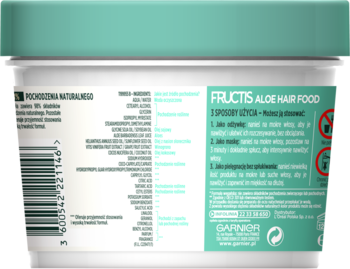 Tył białego słoika Garnier Fructis Aloe Hair Food, maska do włosów, z listą składników i instrukcjami.