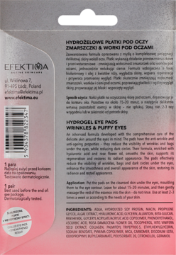 Tylna strona srebrnego opakowania Hydrogel Eye Pads EFEKTIMA, tekst po polsku i angielsku, różowy gradient.