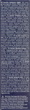 Ciemnoniebieskie opakowanie tamponów Facelle Night 16 szt., widoczne wielojęzyczne instrukcje i ostrzeżenia.