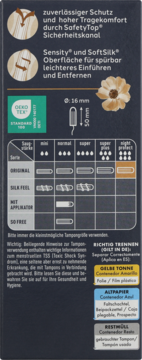 Tył opakowania tamponów Original Night Protect. Szczegółowa tabela chłonności i ikonki recyklingu na ciemnym tle.