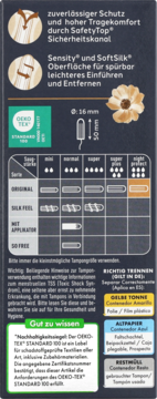 Tył ciemnego opakowania tamponów na noc, ze schematem rozmiarów (w tym 'night protect'), tekstem o SafetyTop i recyklingu.