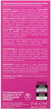Tylne różowe opakowanie Isana Vitamin Booster, kuracja witaminowa 7x2ml, z polskim opisem i ikonami recyklingu.