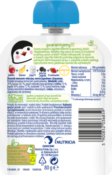 Tył opakowania BoboVita JogoMi! deserek owocowy z bananem, biała saszetka z pingwinem, tabelą wartości odżywczych i kodem kreskowym.