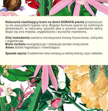 Fragment etykiety kremu Soraya Plante, tekst o nawilżeniu na tle barwnych ilustracji roślinnych.