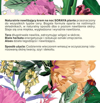 Opis naturalnie nawilżającego kremu SORAYA Plante na noc, z roślinnymi detalami w tle.