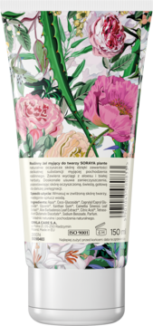 Tył żelu myjącego Soraya Plante 150ml w białej tubce, kwiatowy wzór, opis i składniki produktu.