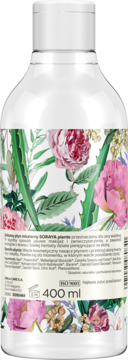 Tył butelki Soraya Plante płynu micelarnego 400ml z aloesem, listą składników, na etykiecie kwiaty i liście.