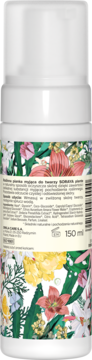 Tył białej butelki roślinnej pianki do twarzy SORAYA Plante 150ml, z kwiatowym wzorem i opisem produktu.