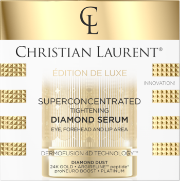 Christian Laurent Diamond Serum. Złoto-białe opakowanie z napisem, superkoncentrat do oczu, czoła i ust, widok z przodu.