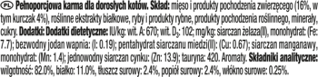 GOURMET™ GOLD Sauce Delights karma dla kotów. Close-up etykiety ze składem, witaminami, minerałami i analizą. Zawiera kurczaka.