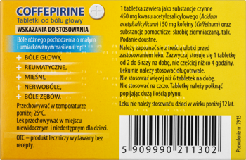 Tył żółtego opakowania Coffepirine OTC, tabletki na bóle głowy, ze wskazaniami stosowania i dawkowaniem.