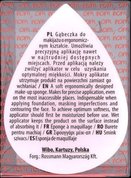 Front etykiety białej gąbeczki Wibo do makijażu, ergonomiczny kształt kropli, instrukcje użycia.