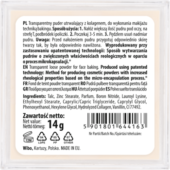 Tył opakowania pudru sypkiego Wibo do bakingu z kolagenem, z opisem, składem i wagą netto 14g.