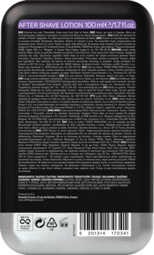 Tył ciemnej butelki STR8 GAME After Shave Lotion 100ml z drobnym tekstem informacyjnym, kodem kreskowym i symbolami recyklingu.