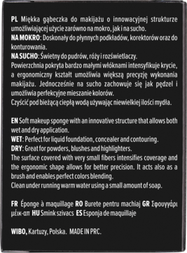 Tył opakowania gąbeczki WIBO Pro Beauty z opisem użytkowania na mokro i sucho w PL/EN.
