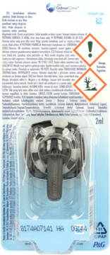 Tył opakowania odświeżacza samochodowego Febreze OdourClear 2ml, czarno-biały w blistrze, ostrzeżenia.