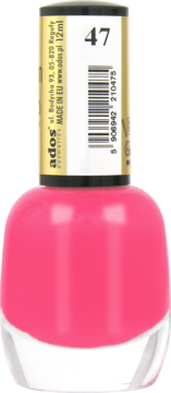 Lakier do paznokci Ados 47 w kolorze fuksji, szklana butelka z okrągłą złotą nakrętką i etykietą.