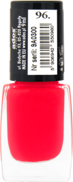 Czerwony lakier do paznokci Ados Long Lasting, butelka 9ml, z czarną nakrętką i etykietą nr 96, widok przód.