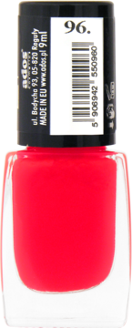 Ados Long Lasting lakier do paznokci, odcień 96, w szklanej butelce, ognistoczerwony kolor, z przodu.