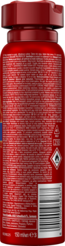 Czerwony dezodorant Old Spice dla mężczyzn, widok z tyłu opakowania z tekstem i kodem kreskowym.