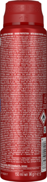 Tył czerwonej puszki dezodorantu Old Spice dla mężczyzn, z białym tekstem, ostrzeżeniami i objętością 150ml.