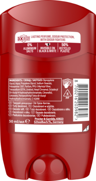 Tył czerwonego dezodorantu w sztyfcie Old Spice, z etykietą o składzie, 0% aluminium i niewidzialności.
