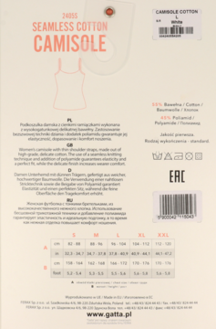 Tył beżowego opakowania podkoszulki Gatta Seamless Cotton Camisole, z opisem i tabelą rozmiarów.