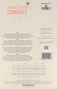 Tył opakowania podkoszulka Gatta Seamless Cotton Camisole. Widoczna tabela rozmiarów, opis i skład materiału.